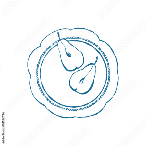 Pear On A Plate. Line Vector Illustration. Pear Fruit Outline