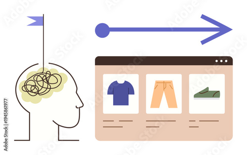 Consumer psychology, decision making, e-commerce trends, online shopping, retail analysis, behavior study. Profile of a head with tangled thoughts, arrow points to a shopping website. Consumer