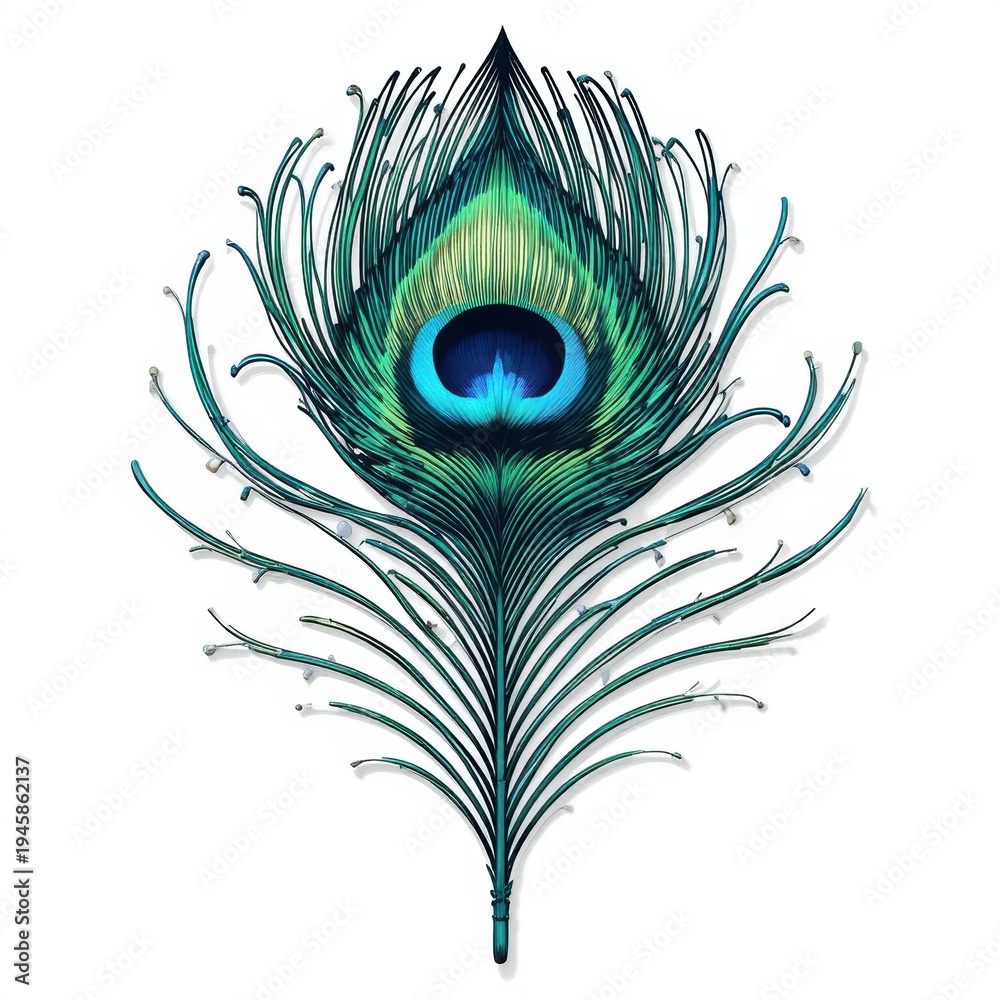 Obraz premium Vibrant and Detailed Peacock Feather Illustration with Iridescent Colors and Elegant Patterns