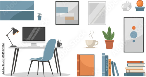 A clean, modern desk setup with a computer, chair, lamp, and decorative items