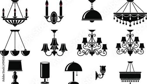 Lighting fixture silhouette illustration design, chandelier wall sconce ceiling lamp table artwork concept, interior decor theme, decorative symbol, modern graphic style image