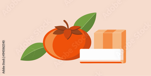Persimmon fruit with leaves and natural soap bar packaging vector illustration of organic skincare product with fresh ingredient isolated on light background minimal flat design