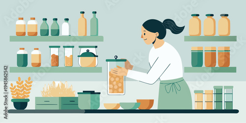 Woman preparing preserved food and storing jars on kitchen shelves vector illustration of home canning fermentation and healthy homemade food concept in flat design