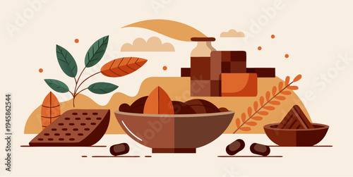 Chocolate collagen powder supplement with cocoa beans, chocolate pieces supplement with cocoa beans, chocolate pieces and leaves in bowl vector illustration of healthy nutrition beauty protein product