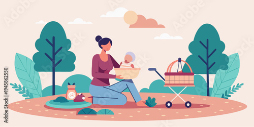 Breastfeeding mother feeding baby in public park with stroller and picnic items vector illustration of natural parenting motherhood care and family life outdoor scene