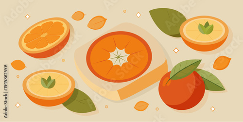 Persimmon citrus soap with fresh fruit slices and leaves vector illustration of natural organic skincare product with vitamin rich ingredient isolated on light background minimal flat design