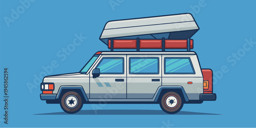 Car with roof tent and luggage on top vector illustration of camping vehicle for road trip adventure travel isolated on blue background flat design