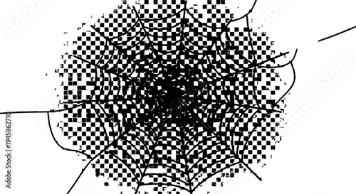 Web broken with cracked glass effect and pixelated black lines on white background featuring grunge, distressed,