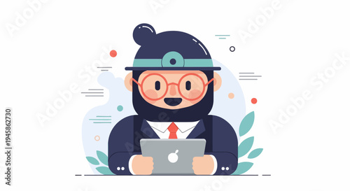 A cartoon character, possibly a doctor, with a beard and glasses, holds a tablet