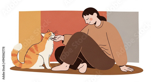 Woman sitting on floor petting an orange cat with affection.