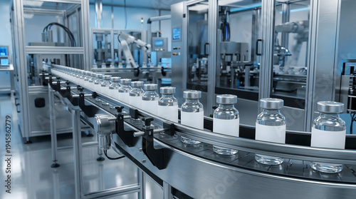 Drug Manufacturing Process with Automated Conveyor and Medical Ampoules Line at a Modern Pharmaceutical Plant
