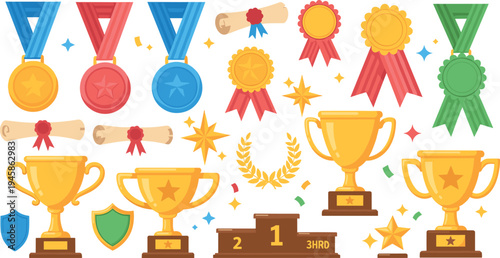 Gold trophy medals ribbons podium and award badges cartoon vector collection for competition winners achievement and championship celebration