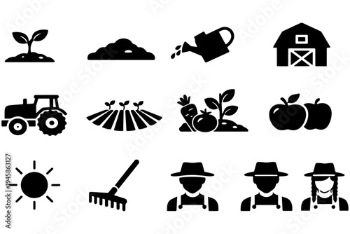 Farm Life Icon Collection – Farmers, Gardening Tools, Harvest Vegetables and Fruits Vector