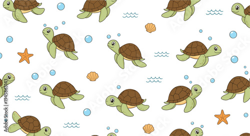 Seamless repeating pattern of cartoon sea turtles, starfish, seashells and bubbles for aquatic themed vector design projects