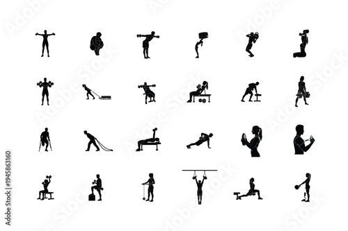 Abdominal Ups, Hollow Hold, Kettlebell Squats, Dumbbell Bicep Curls, Pull Up Bar, and Bench Press Silhouettes