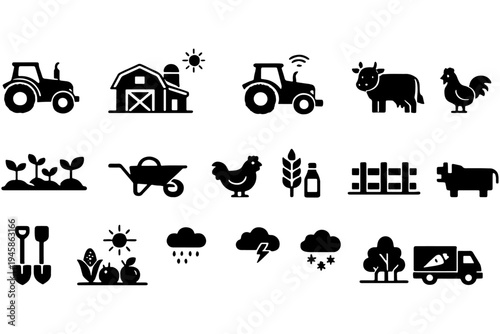 Farming and Rural Life Icon Collection – Agriculture, Cultivation Vector Set