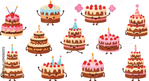 Collection of eleven cartoon birthday cake character illustrations with candles, party hats and playful expressions for festive vector design projects