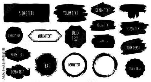 Labels hand drawn set with black brush strokes and placeholder text examples featuring grunge, vector, illustrations
