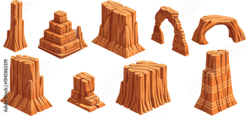 Desert rock formations collection canyon sandstone cliffs and natural arches flat vector illustration set isolated