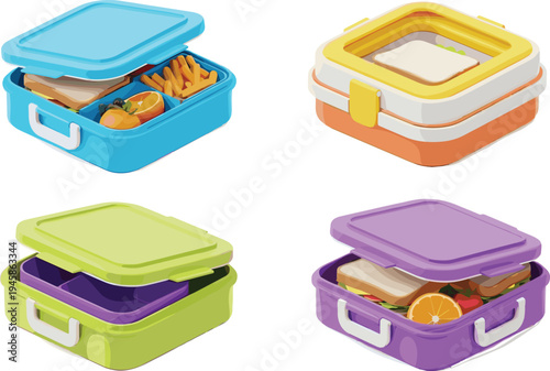Lunch box containers with sandwich fruits and snacks school meal flat vector illustration set isolated