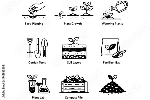 Plant Growth Stages Line Icons Collection – Seed, Seedling, Soil Test, Drought Gardening Outline Signs