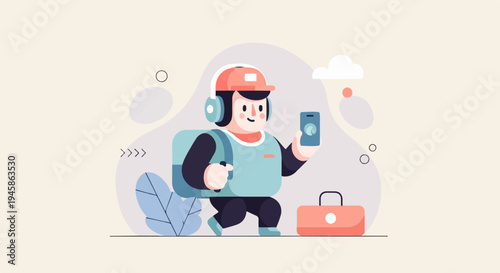 A cartoon delivery person wearing a backpack, holding a phone, and a briefcase