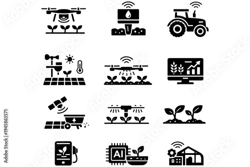 Smart Agriculture Outline Icons – Drone, Sensor Network, AI Data, Farm Automation