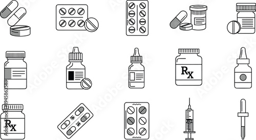 Pharmacy Medicine and Medical Drugs Icons Set Pills Capsules Syringe Bottles and Prescription Vector Illustration