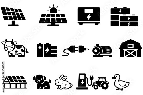 Solar Powered Agriculture Icon Set – Water Pump, Greenhouse, Tractor Energy System Vector