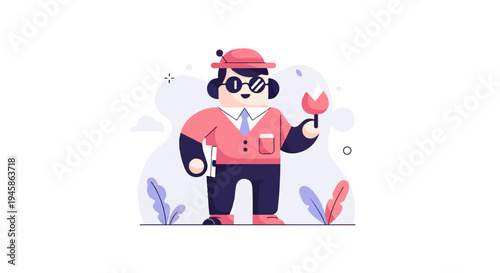 A cartoon figure in a pink shirt and blue pants holds a red object