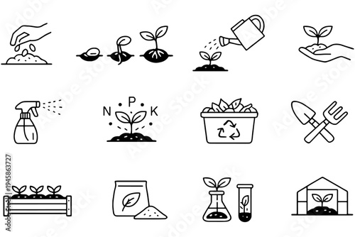 Spring Plant Growth Outline Icons – Seed Germination, Seedling, Soil Test Agriculture Vector Set