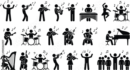 music, band, musician, instrument, performance, icon, set, orchestra, concert, singer, guitar, piano, drum, violin, silhouette, black, vector, illustration, entertainment, collection