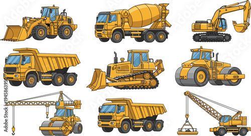 Construction machinery collection excavator bulldozer dump truck crane mixer roller flat vector illustration set isolated