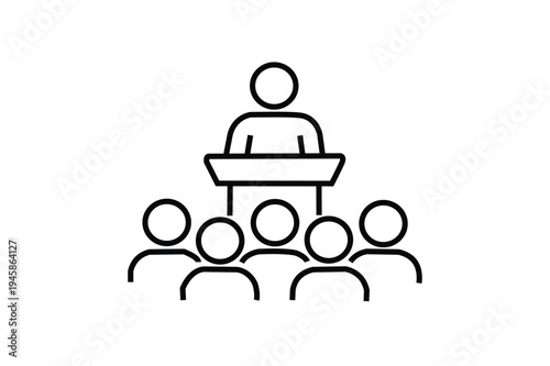 A line drawing of a speaker at a lectern with an audience presentation public. Resizable and Editable. EPS, 10.