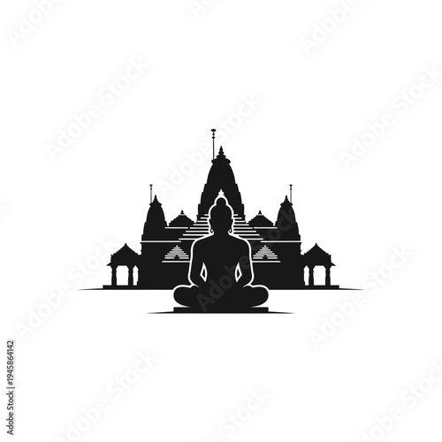 Black Silhouette of a Meditating Buddha Figure in Lotus Pose Against a Traditional Indian Temple Vector Illustration