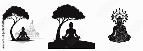 Set of 3 Buddha meditation silhouettes vector illustrations featuring a serene figure under a tree and a detailed Buddha with a Dharma wheel halo, ideal for spiritual and wellness designs.
