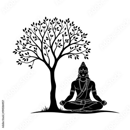 Black silhouette vector illustration of a meditating man in lotus pose under a leafy tree, symbolizing peace, spirituality, and mindfulness for wellness designs and yoga studio branding.