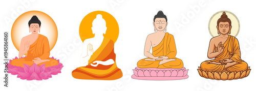 Set of 4 Buddha vector illustrations in various styles, depicting meditation and spiritual enlightenment on lotus flowers, ideal for religious and cultural designs.