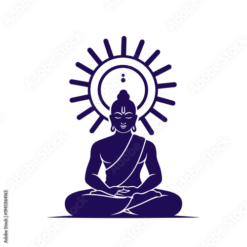 Meditating Buddha vector illustration in dark blue with a radiating sun halo, symbolizing peace, enlightenment, and spiritual harmony for wellness and mindfulness designs