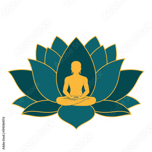 Golden Buddha Silhouette Meditating on a Teal Lotus Flower Vector Illustration for Yoga, Spirituality, and Wellness Designs