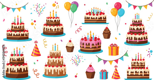 Festive birthday illustration collection with cakes, balloons, gifts, party hats and decorations for celebration vector design projects