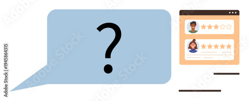 User experience, customer feedback, online reviews, rating systems, consumer opinion, digital communication. A question mark in a speech bubble beside an online review window. User experience