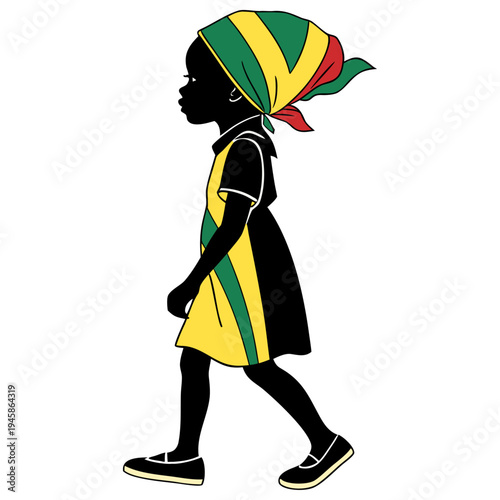 a black silhouette of a young girl walking, wearing a yellow, green, and red head wrap and a matching yellow dress with green and red stripes, and black shoes with yellow soles