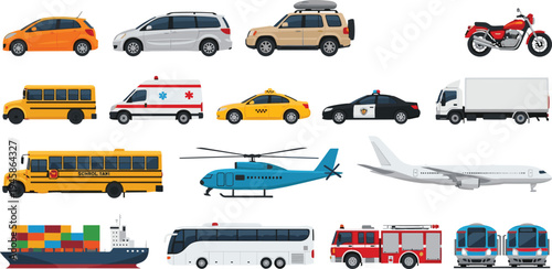 Transportation vehicles collection car taxi bus truck airplane helicopter ship train flat vector illustration set