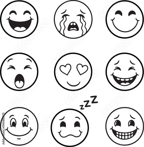Nine black and white emoji faces showing different emotions