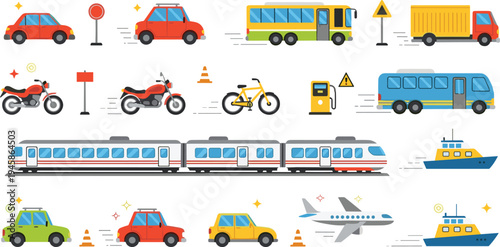 Vector Illustration Set of Transportation Vehicles Including High-Speed Train Airplane Bus Cars Motorcycles and Boats Isolated on White