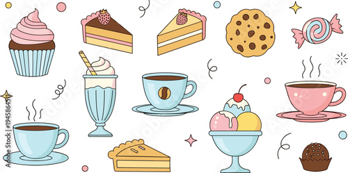 Vector Illustration Set of Sweet Desserts and Beverages Including Cupcake Cake Slices Coffee Cups Ice Cream and Cookies Isolated on White