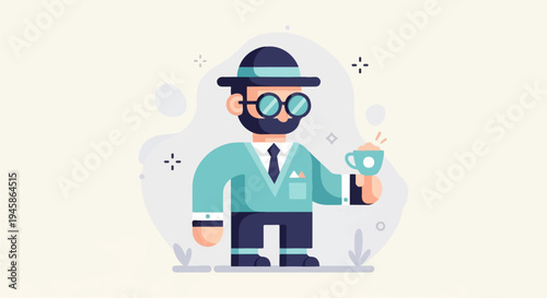 A cartoon man in a hat and glasses holds a cup of frothy beverage