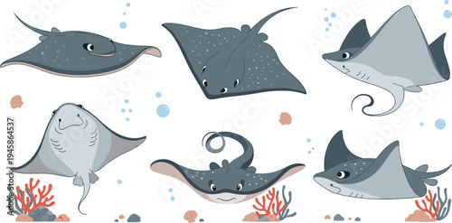 Vector Illustration Set of Stingrays and Manta Rays Swimming in the Ocean with Coral Reef and Bubbles Isolated on White