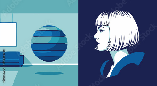 Modern vector illustration of a woman looking at a futuristic floating sphere in a minimalist room, conceptual design